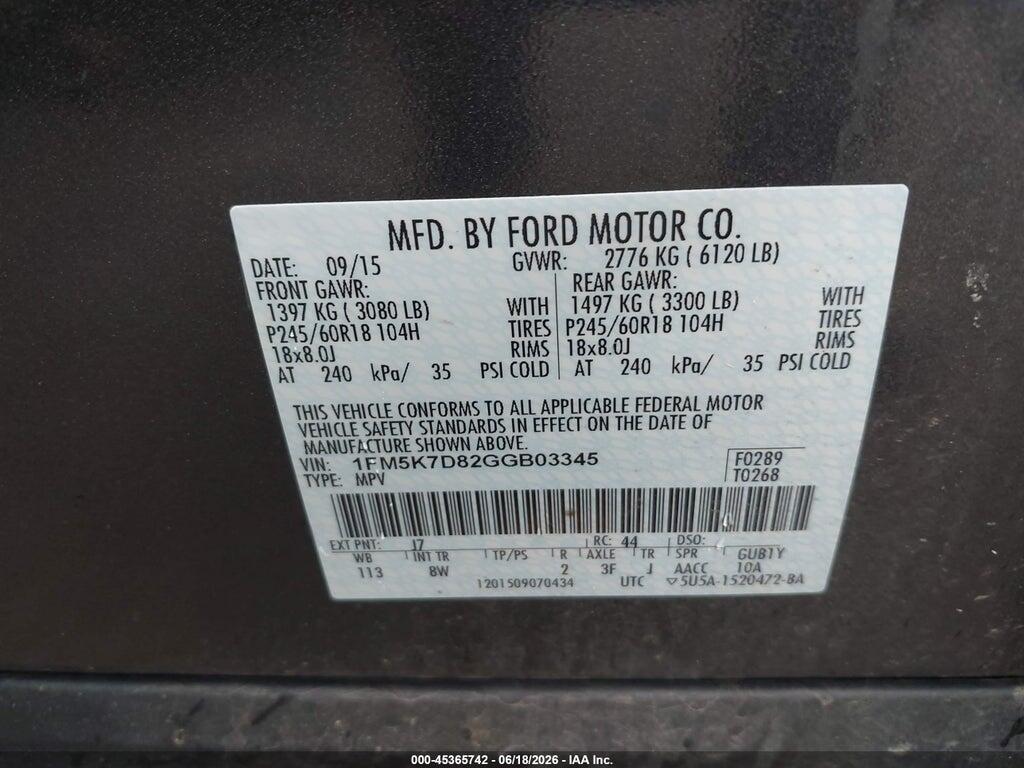 1FM5K7D82GGB03345 2016 FORD EXPLORER photo no. 9
