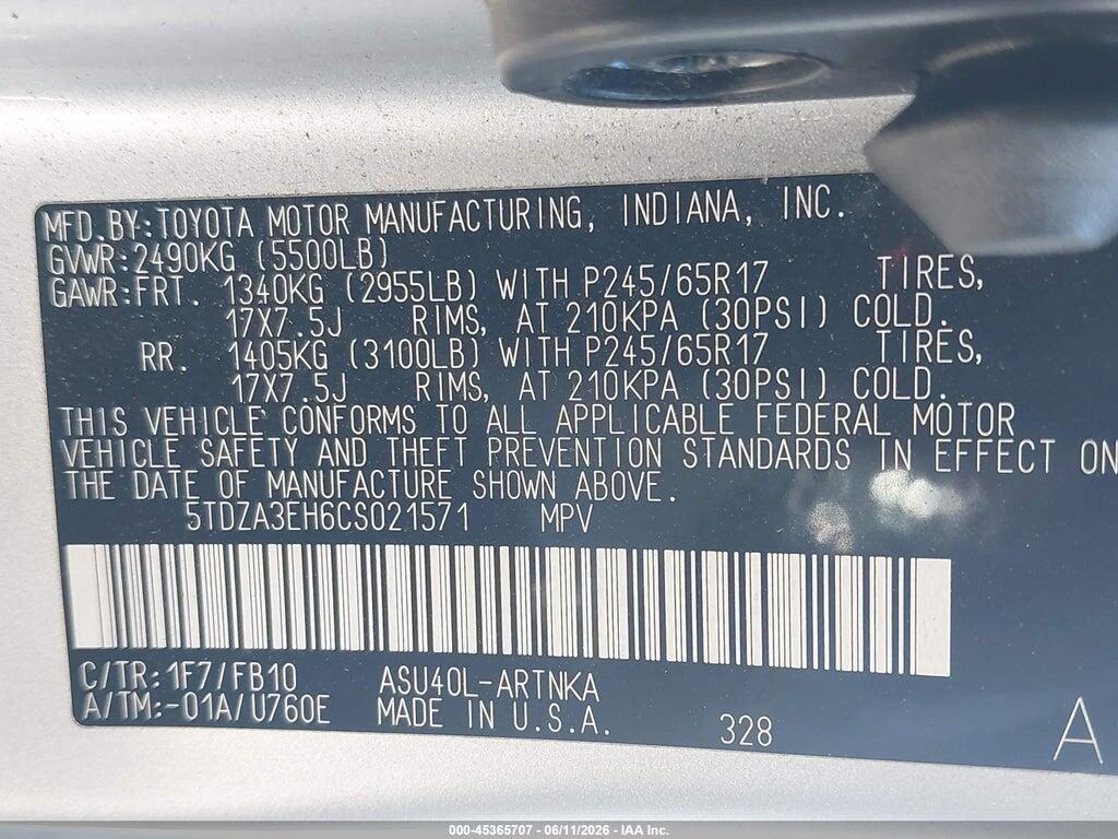 5TDZA3EH6CS021571 2012 TOYOTA HIGHLANDER photo no. 9