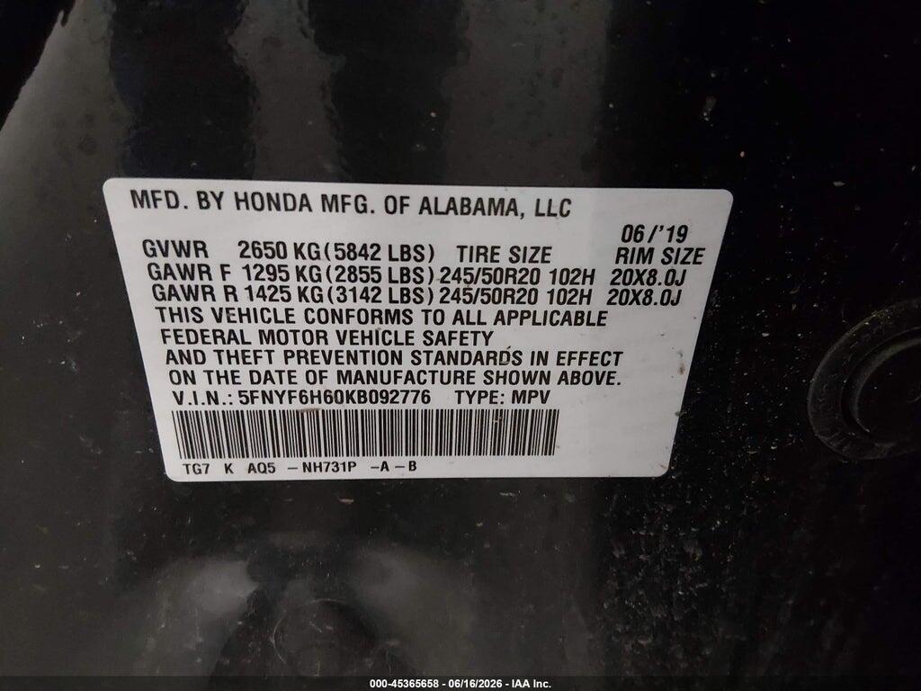 5FNYF6H60KB092776 2019 HONDA PILOT photo no. 9