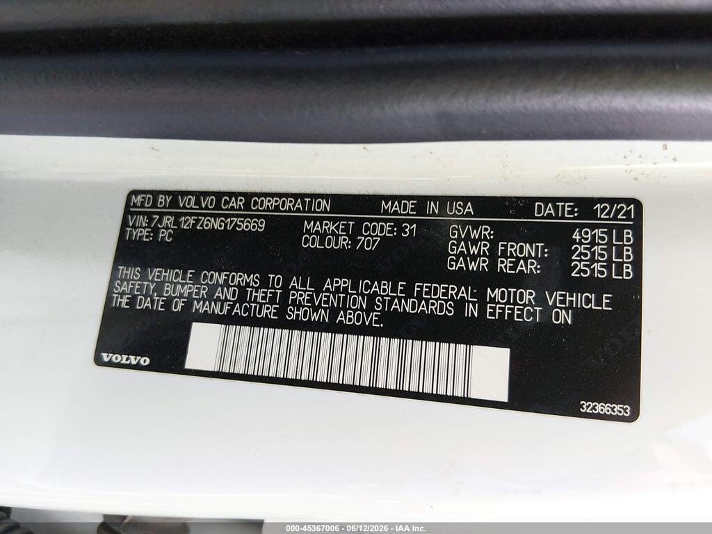 7JRL12FZ6NG175669 2022 VOLVO S60 photo no. 9
