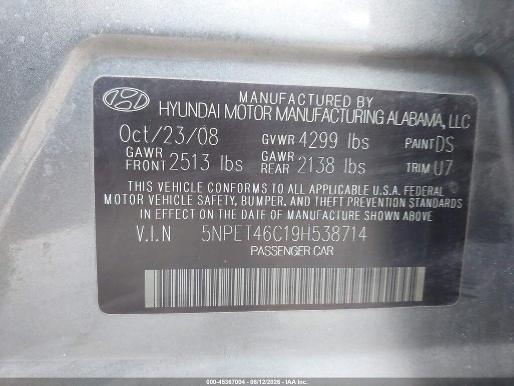 5NPET46C19H538714 2009 HYUNDAI SONATA photo no. 9