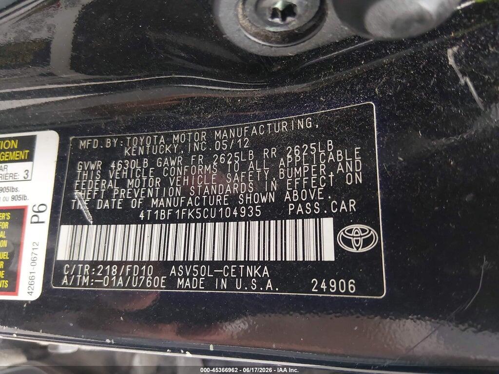 4T1BF1FK5CU104935 2012 TOYOTA CAMRY photo no. 9