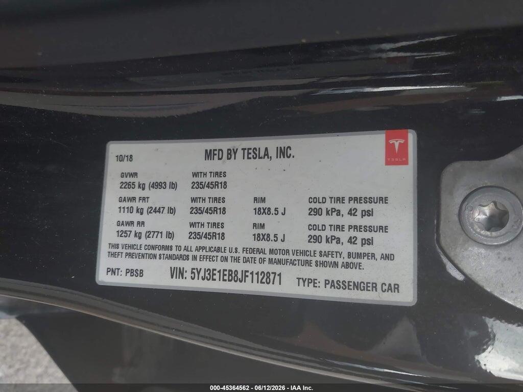 5YJ3E1EB8JF112871 2018 TESLA MODEL 3 photo no. 9