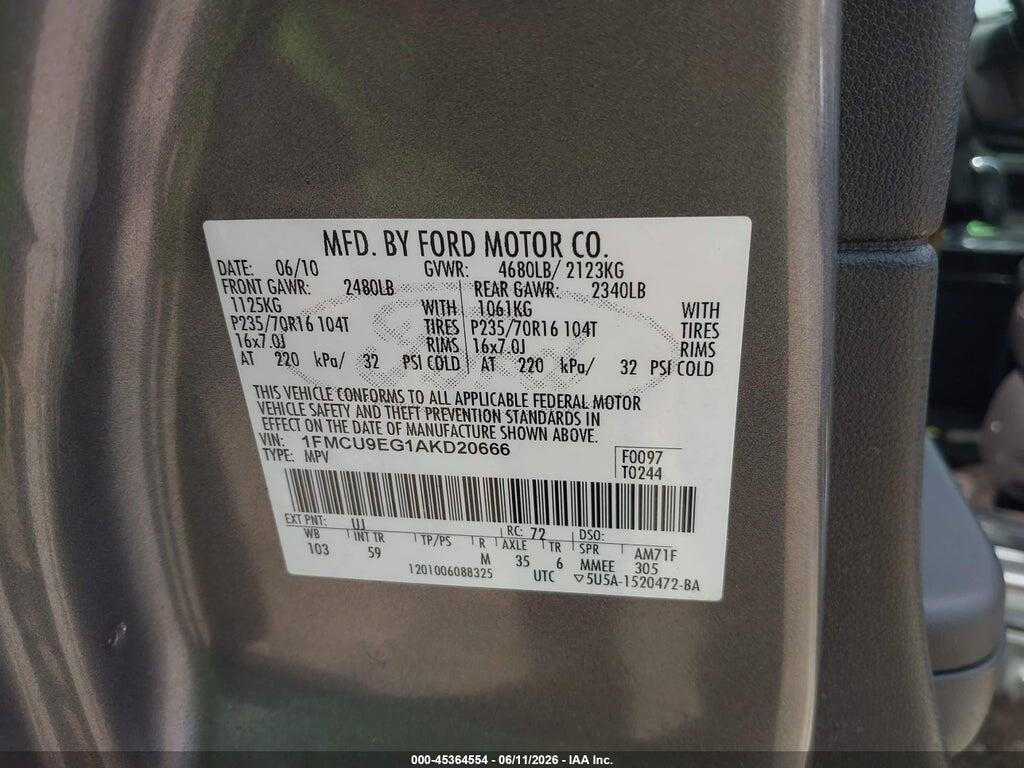 1FMCU9EG1AKD20666 2010 FORD ESCAPE photo no. 9