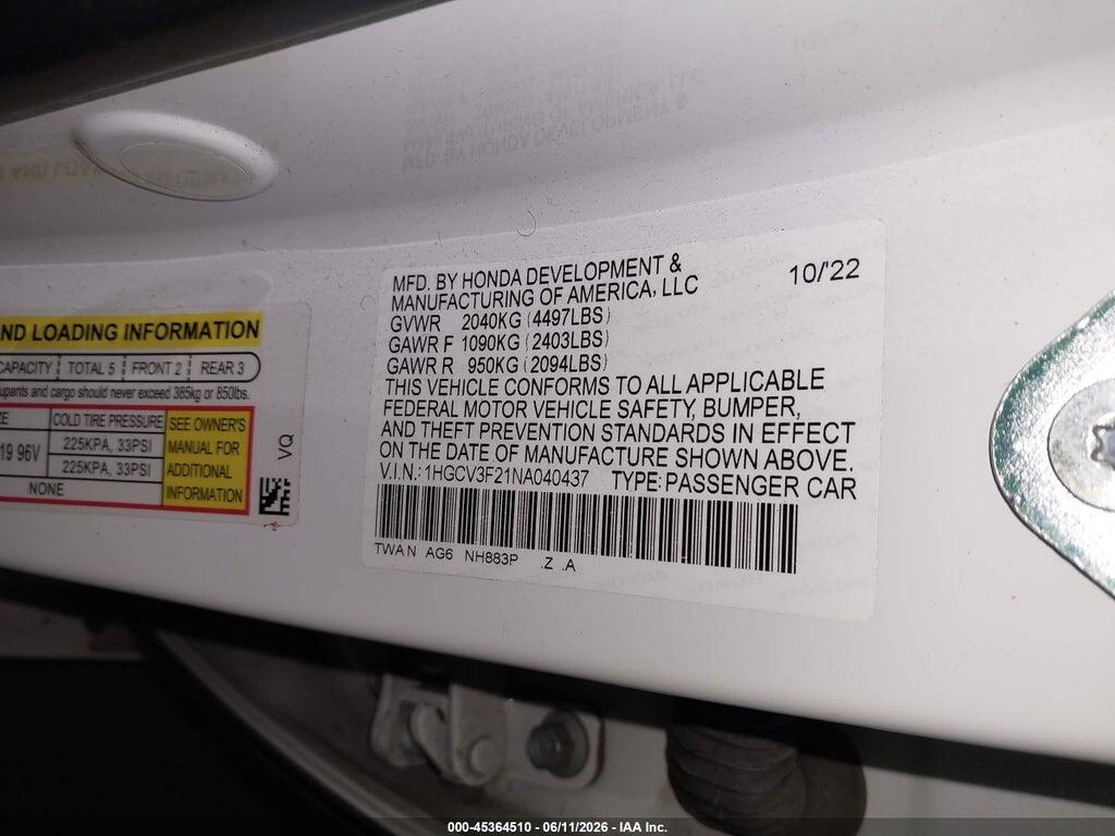 1HGCV3F21NA040437 2022 HONDA ACCORD HYBRID photo no. 9