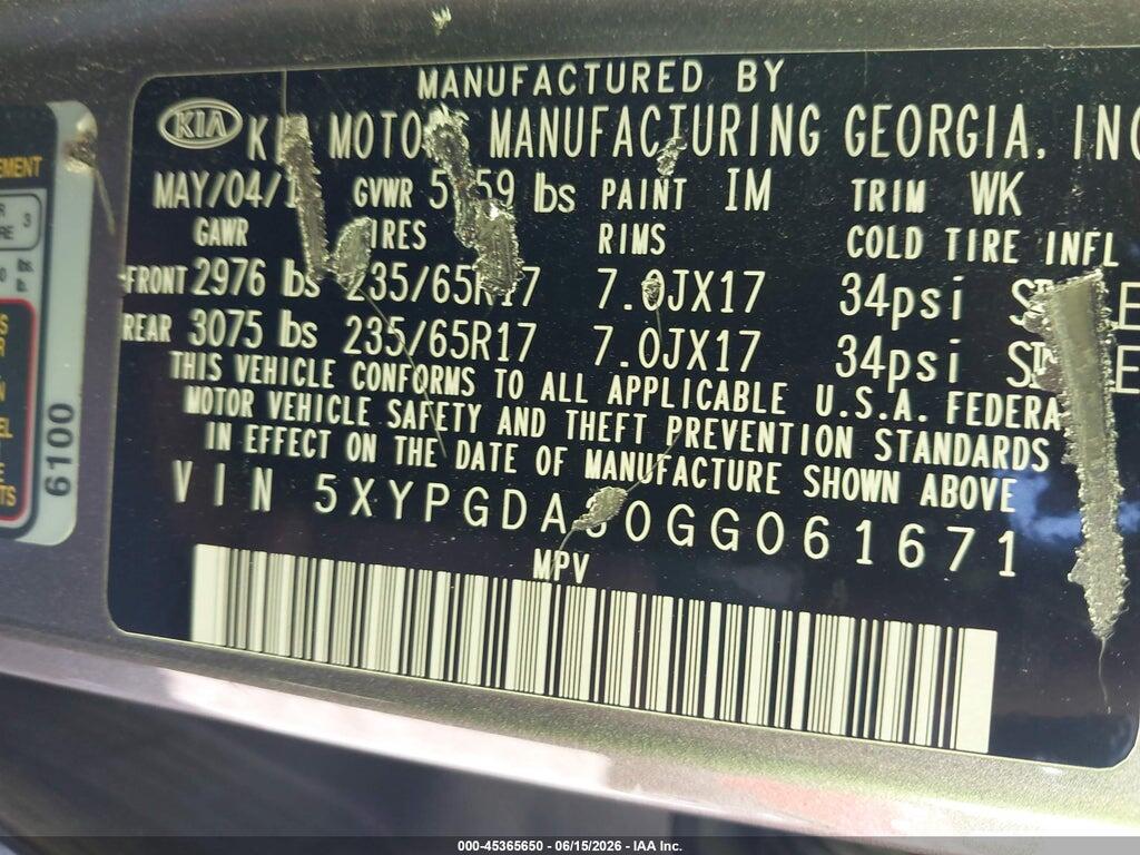 5XYPGDA30GG061671 2016 KIA SORENTO photo no. 9