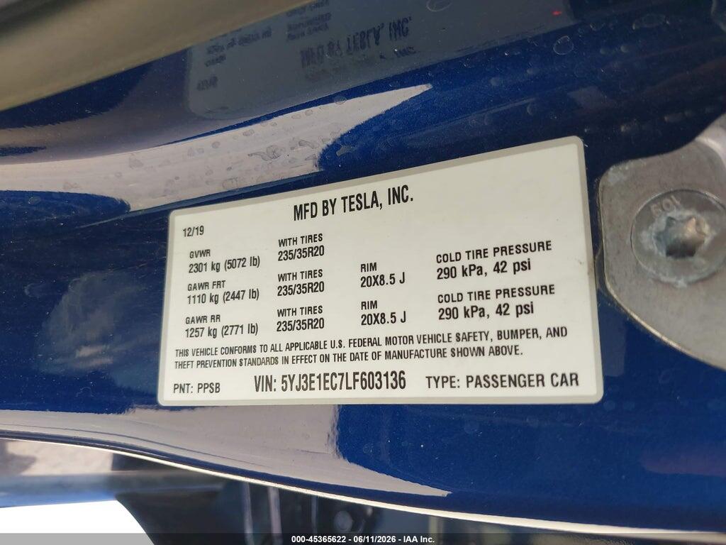5YJ3E1EC7LF603136 2020 TESLA MODEL 3 photo no. 9