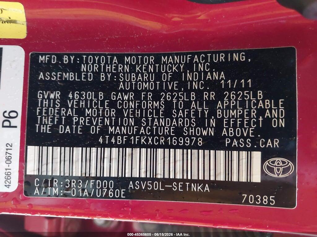 4T4BF1FKXCR169978 2012 TOYOTA CAMRY photo no. 9