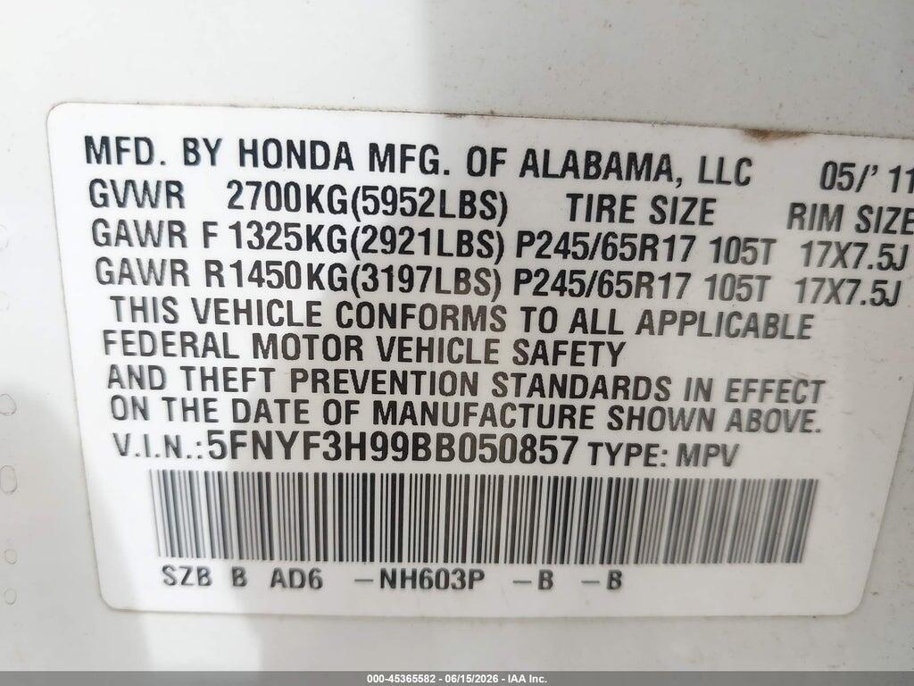 5FNYF3H99BB050857 2011 HONDA PILOT photo no. 9