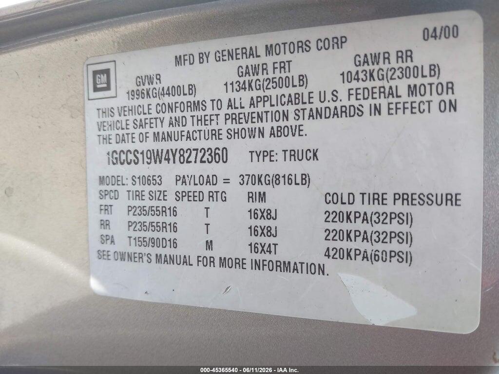 1GCCS19W4Y8272360 2000 CHEVROLET S-10 photo no. 9