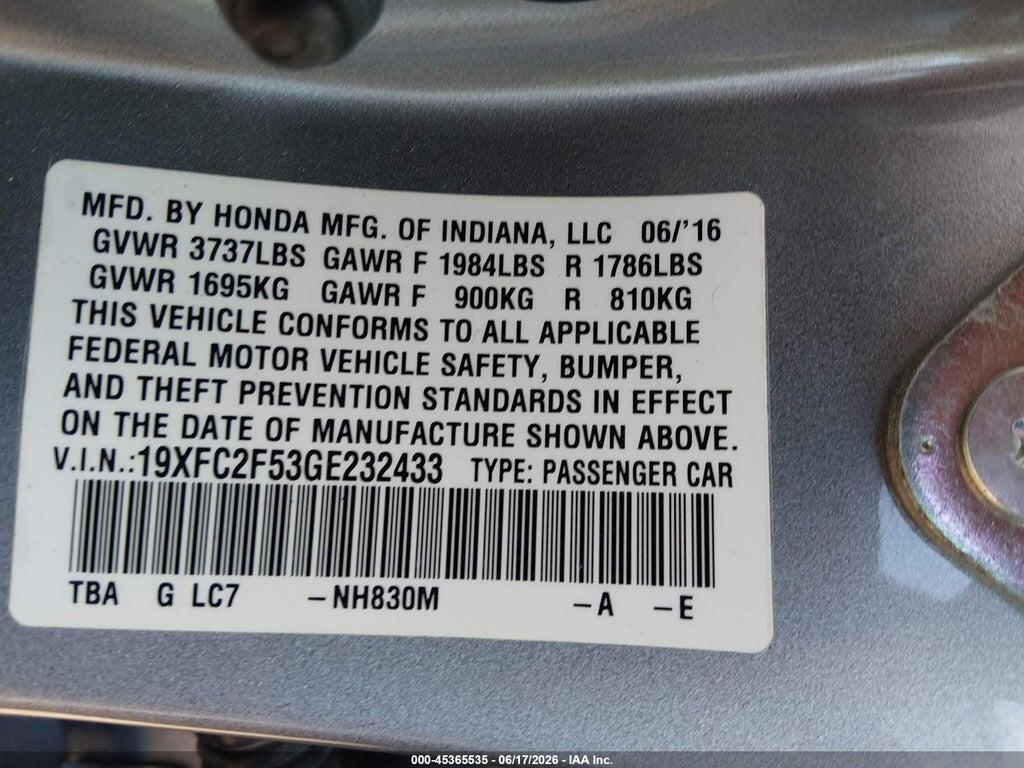19XFC2F53GE232433 2016 HONDA CIVIC photo no. 9