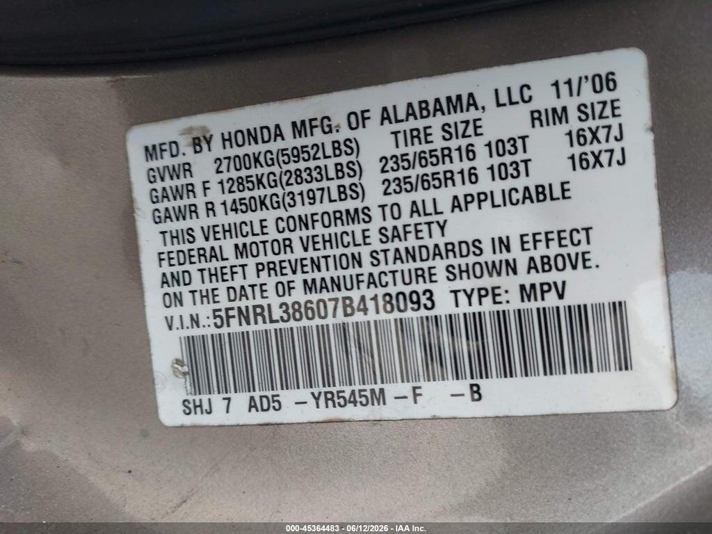 5FNRL38607B418093 2007 HONDA ODYSSEY photo no. 9
