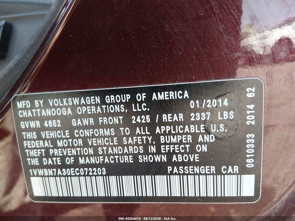 1VWBN7A30EC072203 2014 VOLKSWAGEN PASSAT photo no. 9