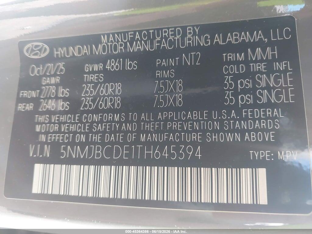5NMJBCDE1TH645394 2026 HYUNDAI TUCSON photo no. 9