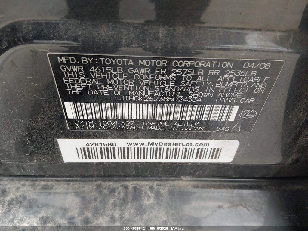 JTHCK262385024334 2008 LEXUS IS 250 photo no. 9