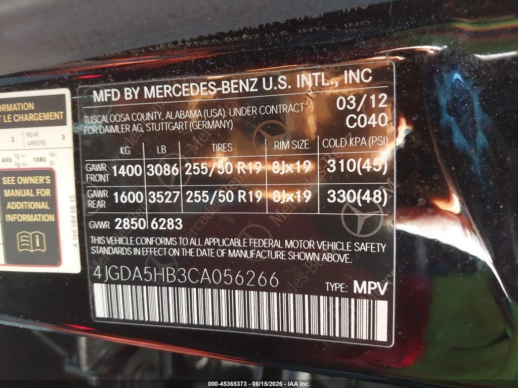 4JGDA5HB3CA056266 2012 MERCEDES-BENZ ML 350 photo no. 9