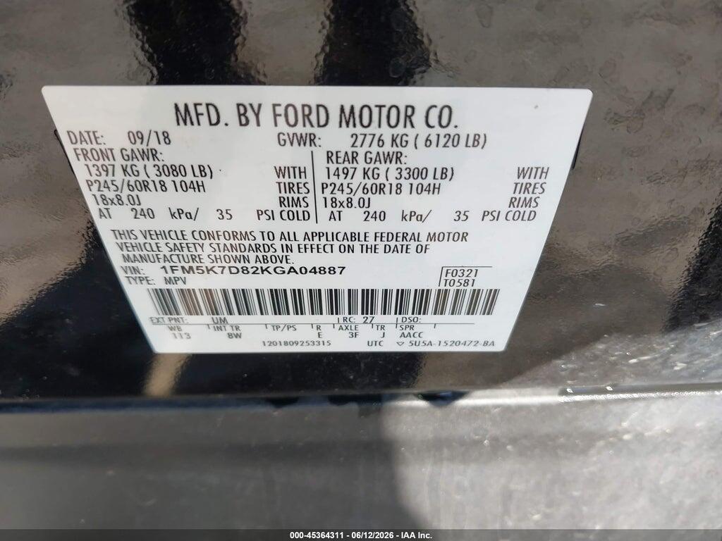 1FM5K7D82KGA04887 2019 FORD EXPLORER photo no. 9
