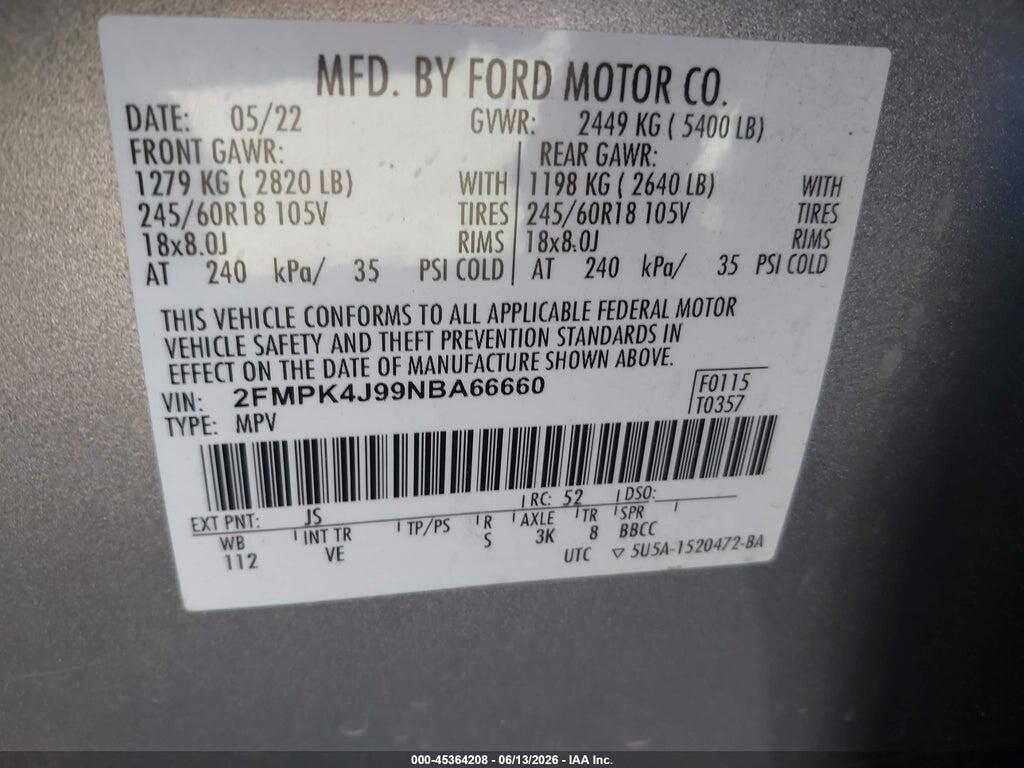 2FMPK4J99NBA66660 2022 FORD EDGE photo no. 9
