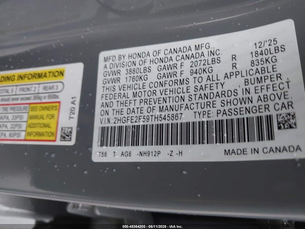 2HGFE2F59TH545867 2026 HONDA CIVIC photo no. 9