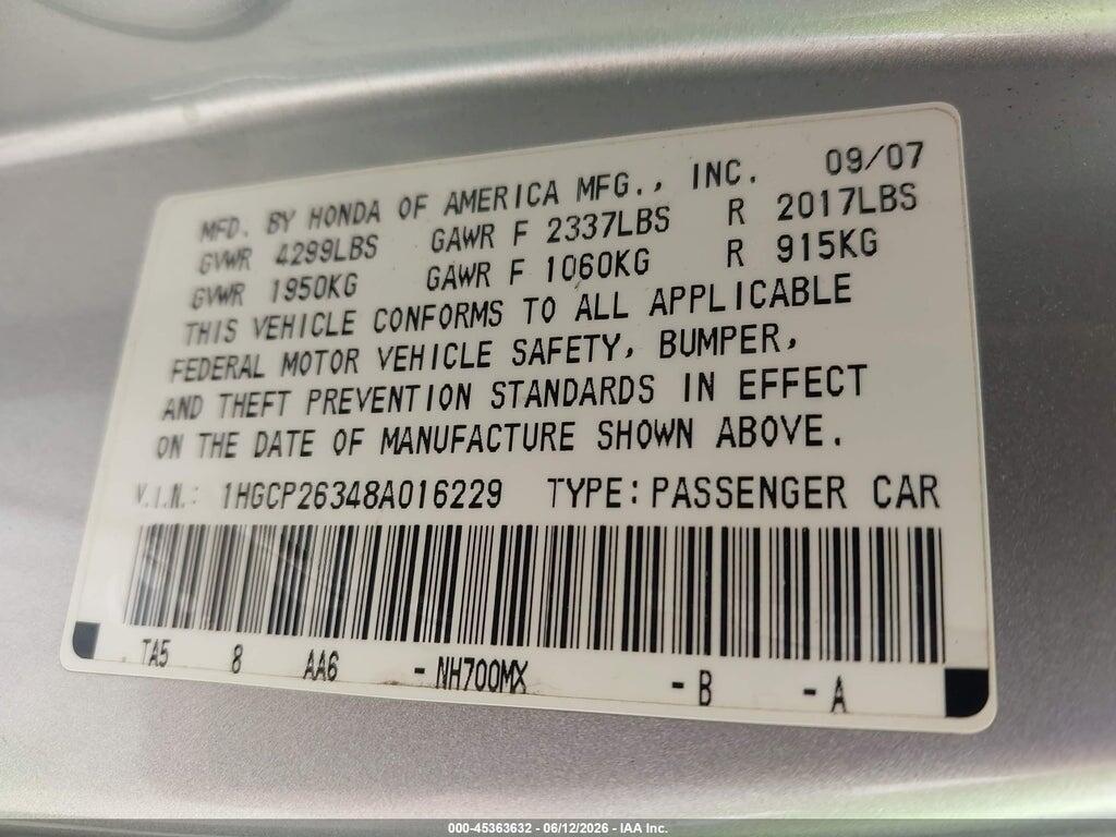 1HGCP26348A016229 2008 HONDA ACCORD photo no. 9