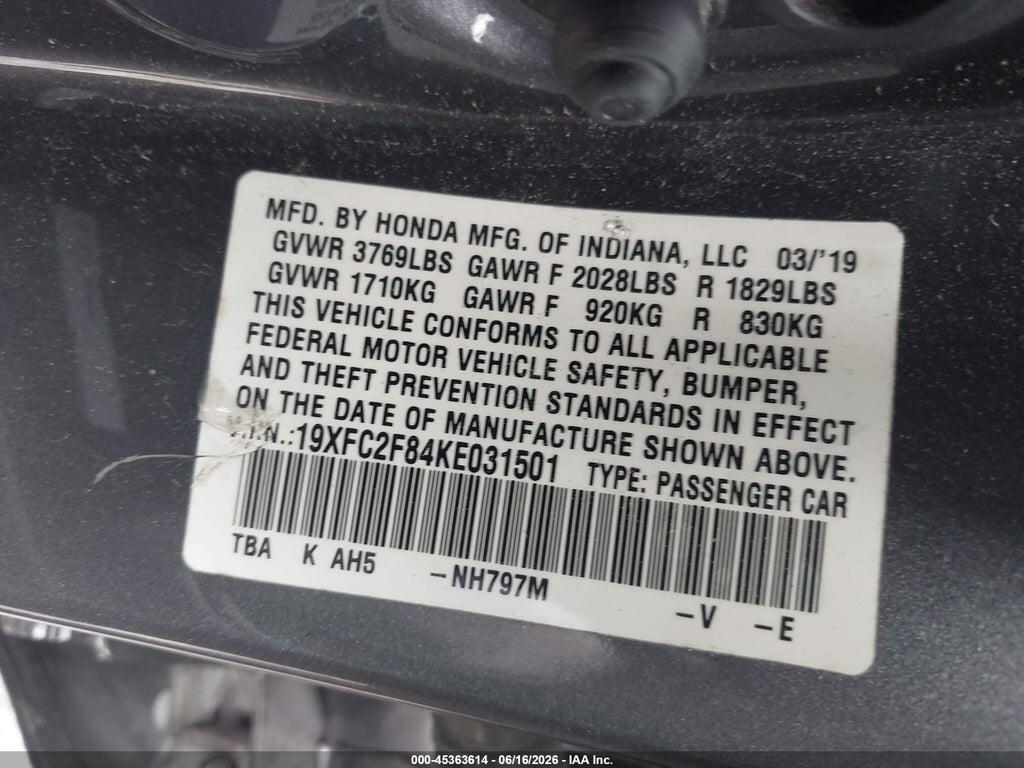 19XFC2F84KE031501 2019 HONDA CIVIC photo no. 9