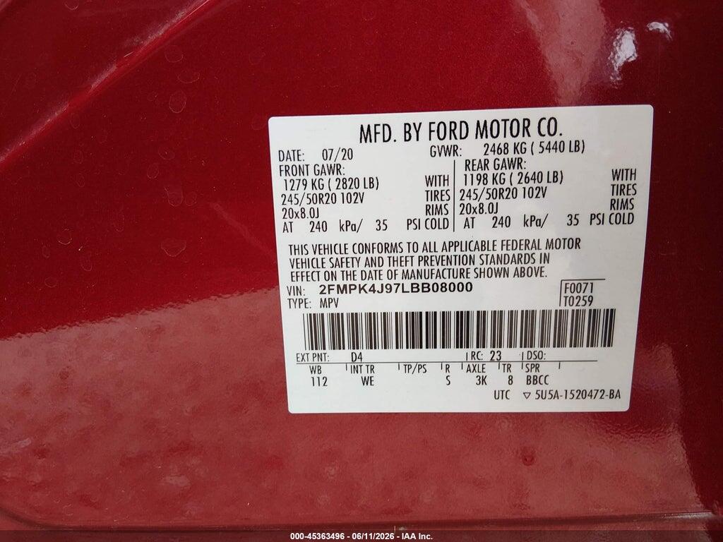 2FMPK4J97LBB08000 2020 FORD EDGE photo no. 9