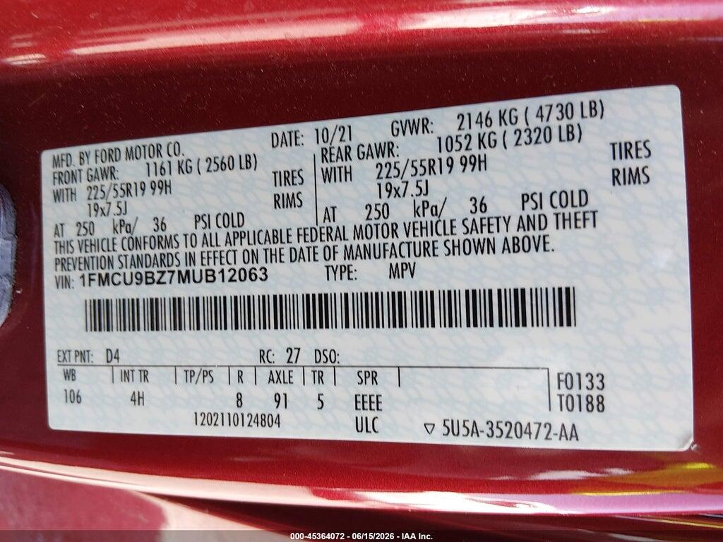 1FMCU9BZ7MUB12063 2021 FORD ESCAPE photo no. 9