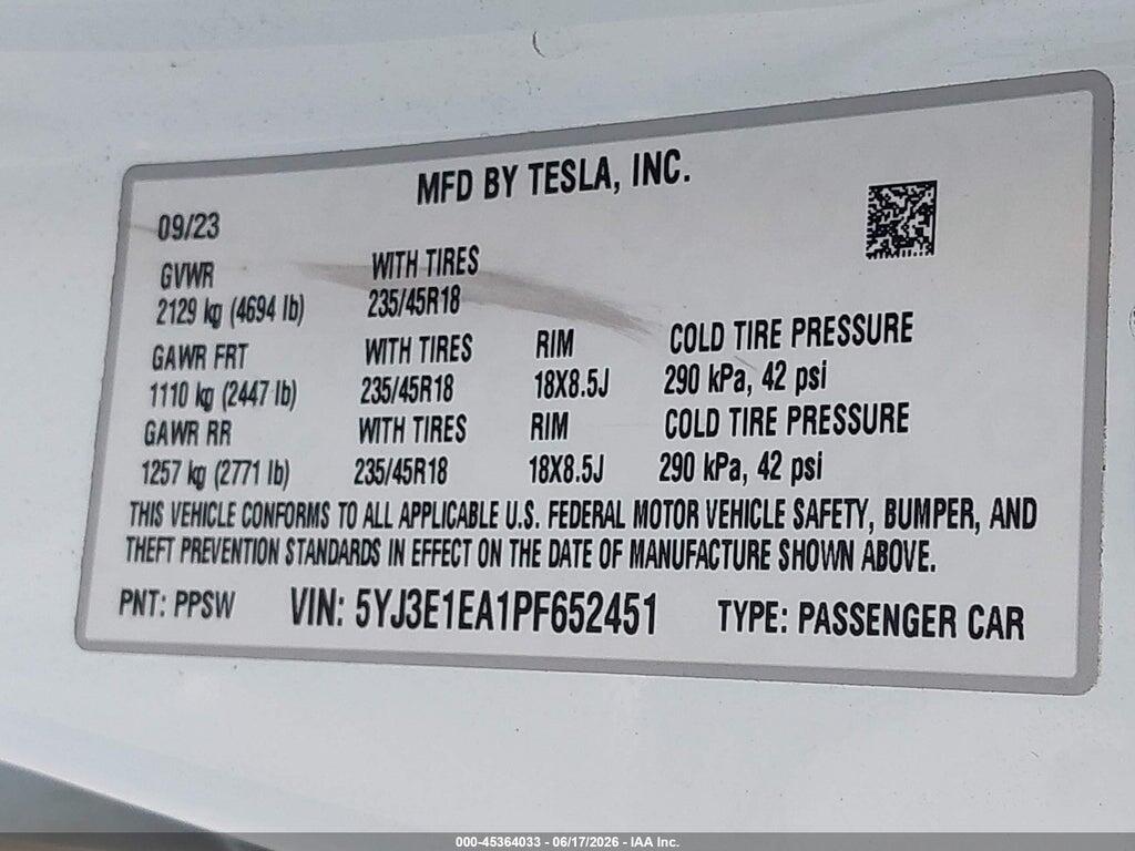 5YJ3E1EA1PF652451 2023 TESLA MODEL 3 photo no. 9