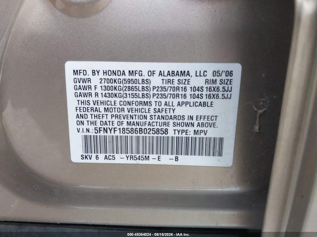 5FNYF18586B025858 2006 HONDA PILOT photo no. 9