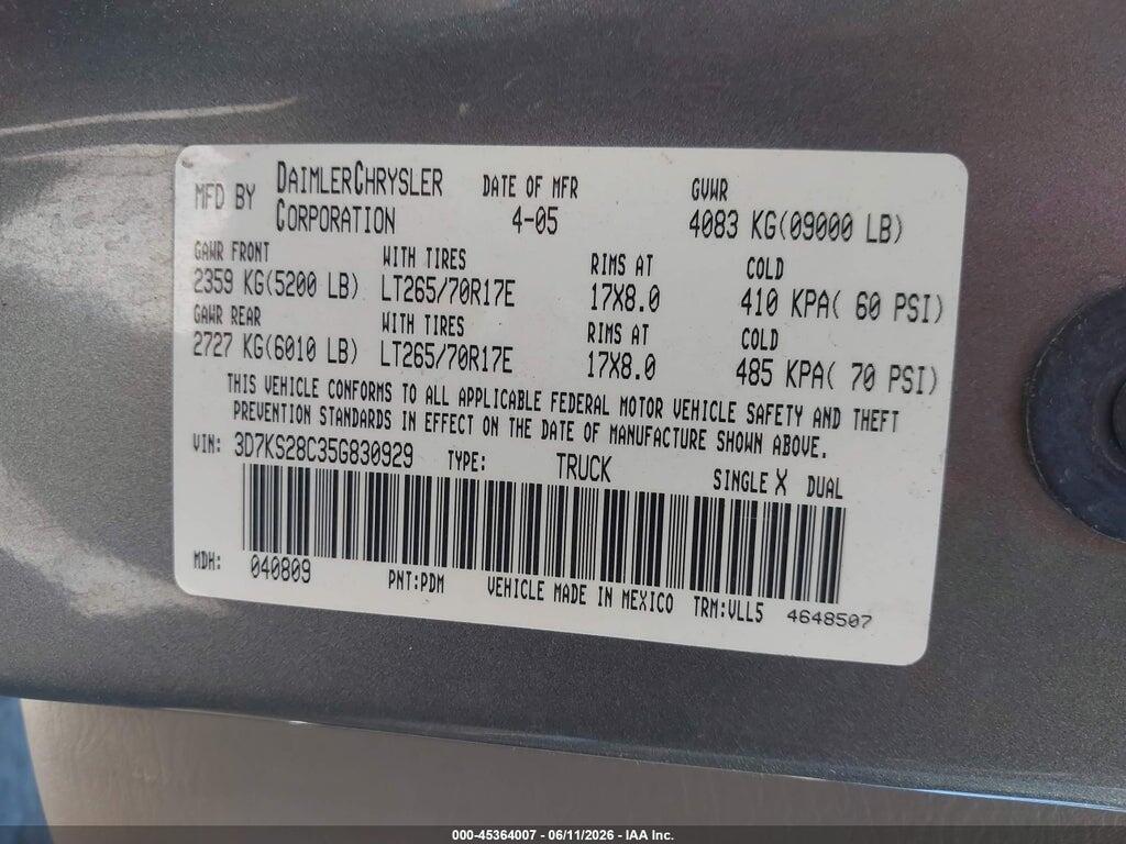3D7KS28C35G830929 2005 DODGE RAM 2500 photo no. 9