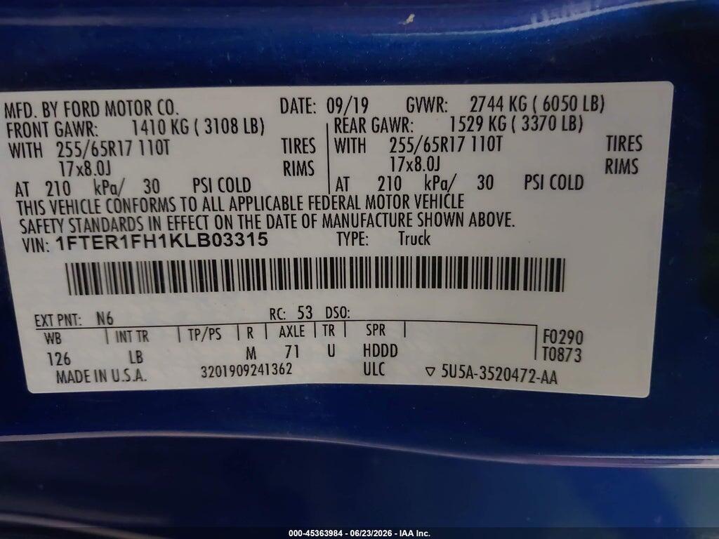 1FTER1FH1KLB03315 2019 FORD RANGER photo no. 9