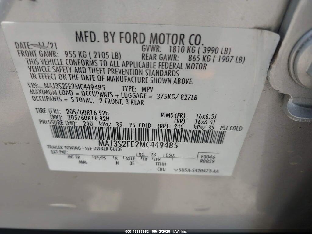 MAJ3S2FE2MC449485 2021 FORD ECOSPORT photo no. 9