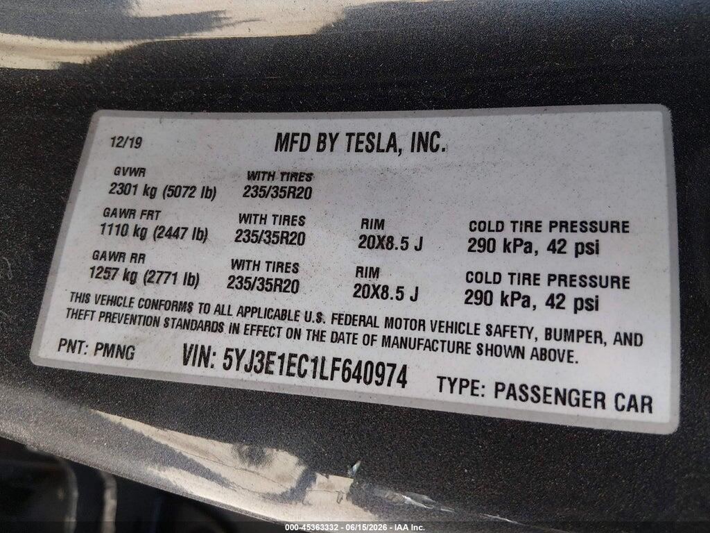 5YJ3E1EC1LF640974 2020 TESLA MODEL 3 photo no. 9