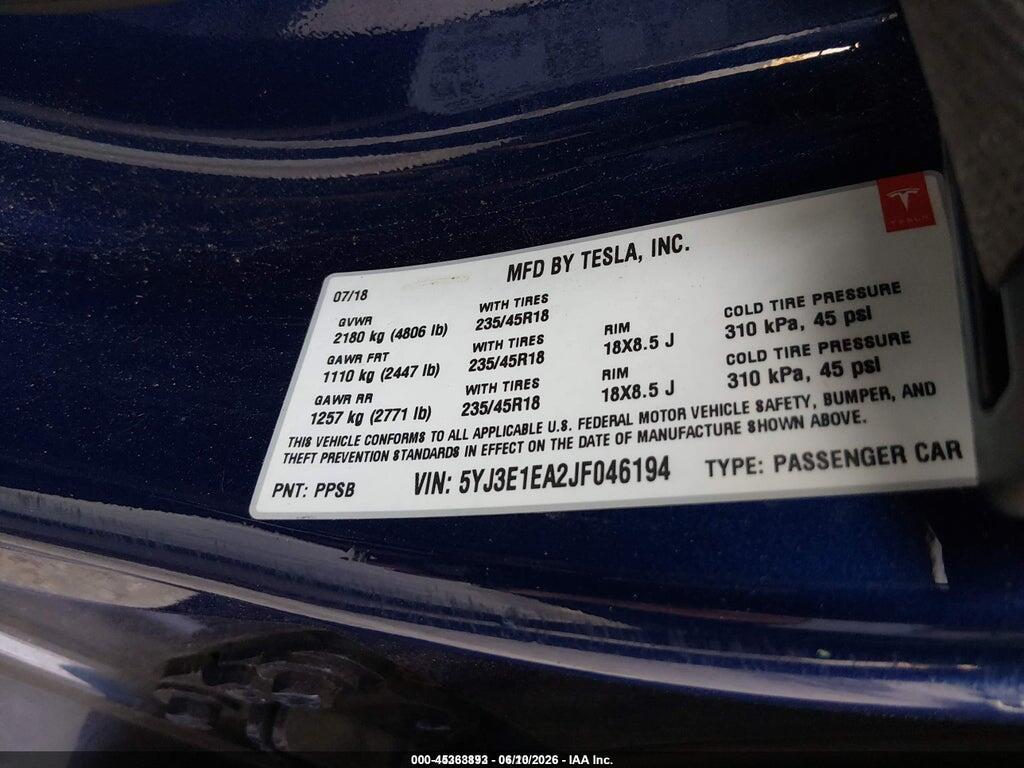 5YJ3E1EA2JF046194 2018 TESLA MODEL 3 photo no. 9