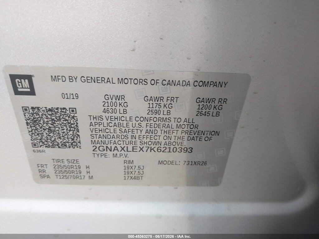 2GNAXLEX7K6210393 2019 CHEVROLET EQUINOX photo no. 9
