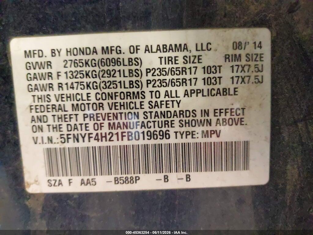 5FNYF4H21FB019696 2015 HONDA PILOT photo no. 9