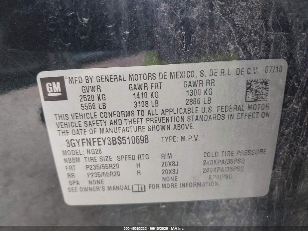 3GYFNFEY3BS510698 2011 CADILLAC SRX photo no. 9