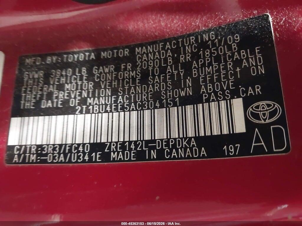 2T1BU4EE5AC304151 2010 TOYOTA COROLLA photo no. 9