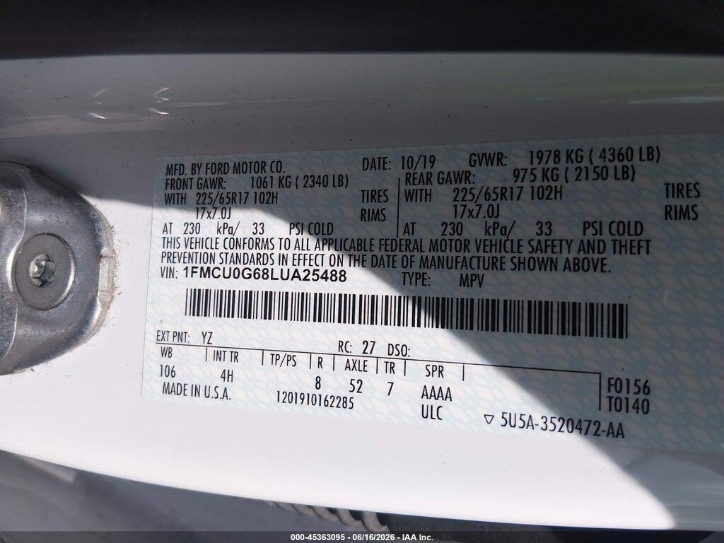 1FMCU0G68LUA25488 2020 FORD ESCAPE photo no. 9