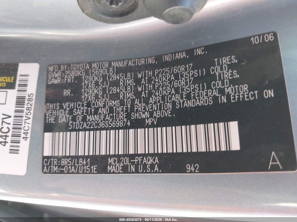 5TDZA22C36S569874 2006 TOYOTA SIENNA photo no. 9