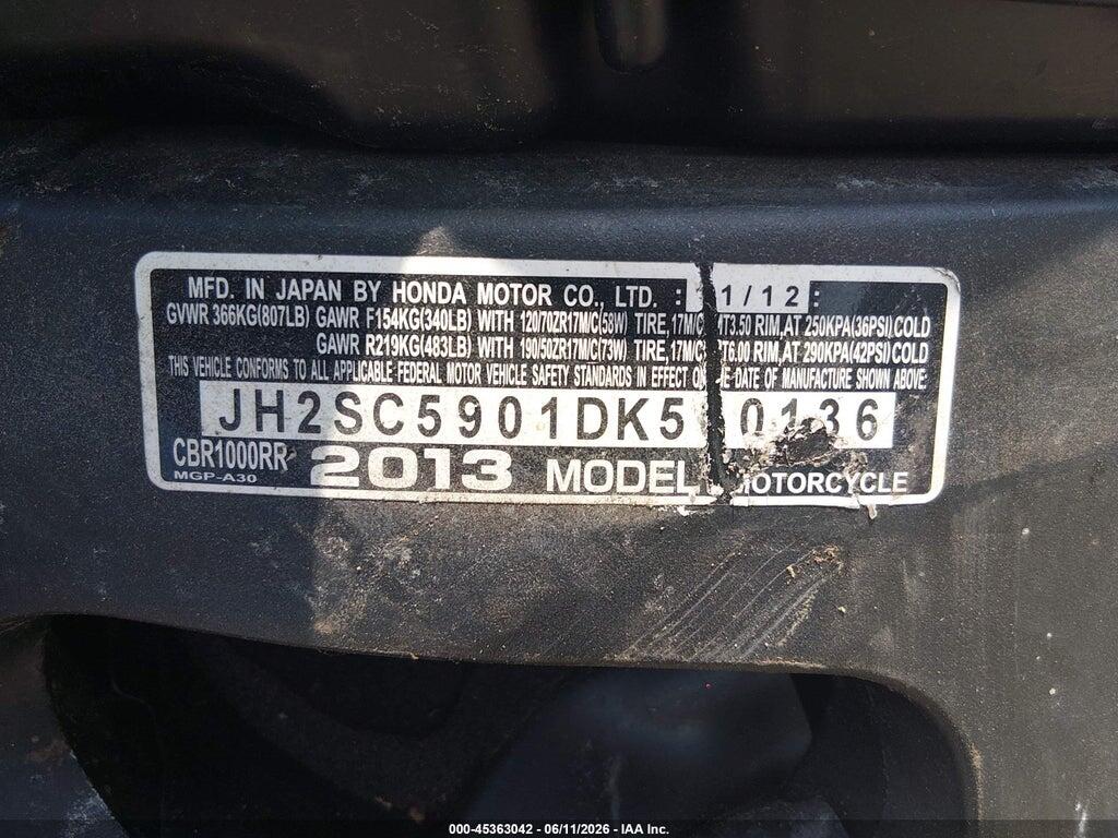 JH2SC5901DK500136 2013 HONDA CBR1000 photo no. 10