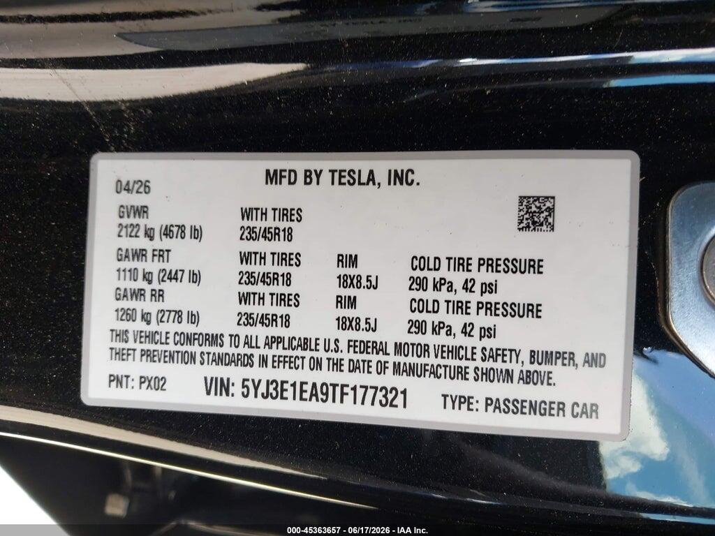 5YJ3E1EA9TF177321 2026 TESLA MODEL 3 photo no. 9
