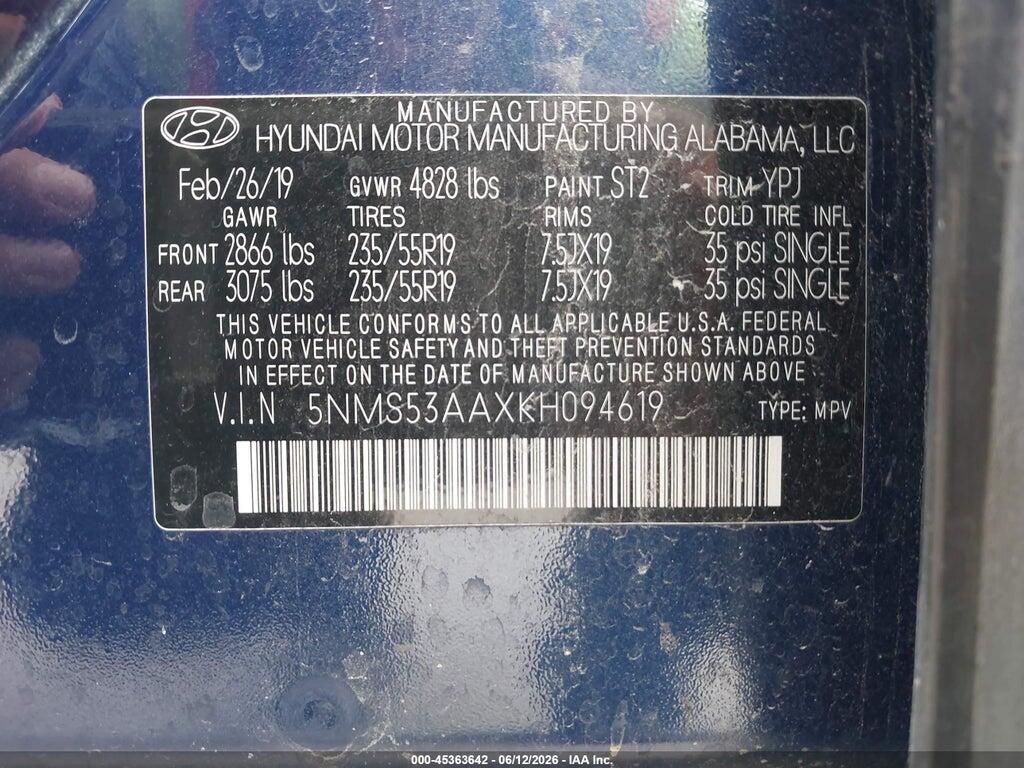 5NMS53AAXKH094619 2019 HYUNDAI SANTA FE photo no. 9
