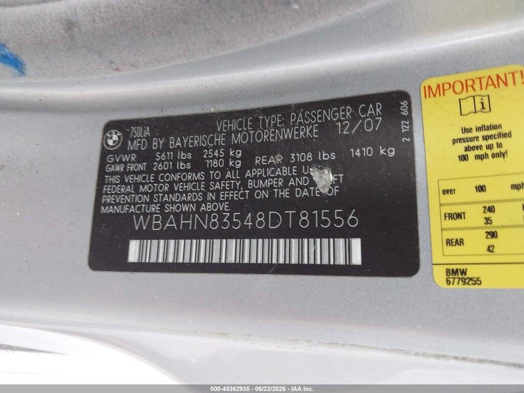 WBAHN83548DT81556 2008 BMW 750LI photo no. 9