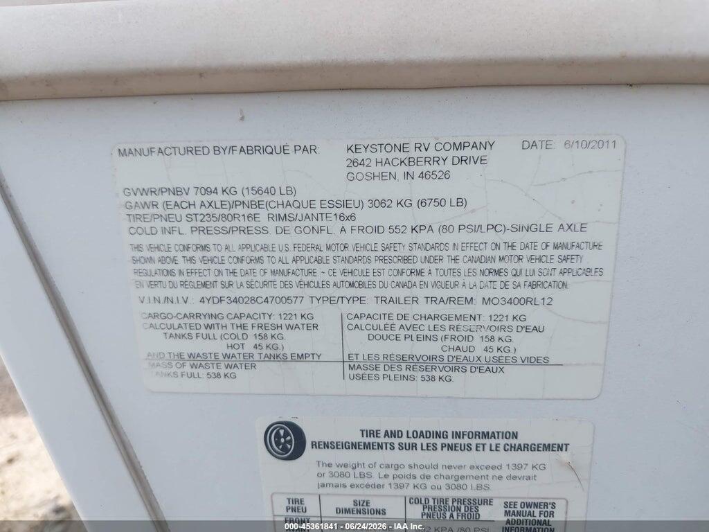 4YDF34028C4700577 2012 KEYSTONE RV OTHER photo no. 9