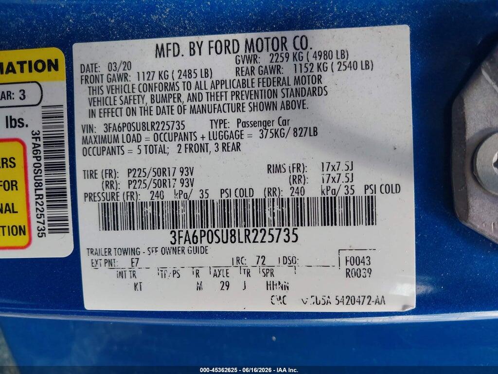 3FA6P0SU8LR225735 2020 FORD FUSION photo no. 9