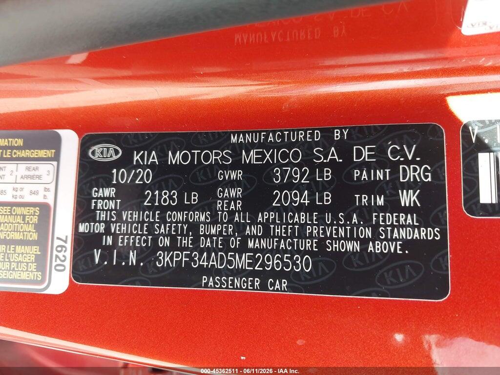 3KPF34AD5ME296530 2021 KIA FORTE photo no. 9
