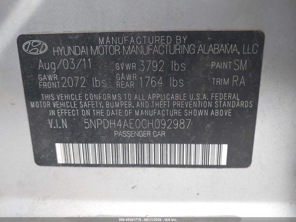5NPDH4AE0CH092987 2012 HYUNDAI ELANTRA photo no. 9