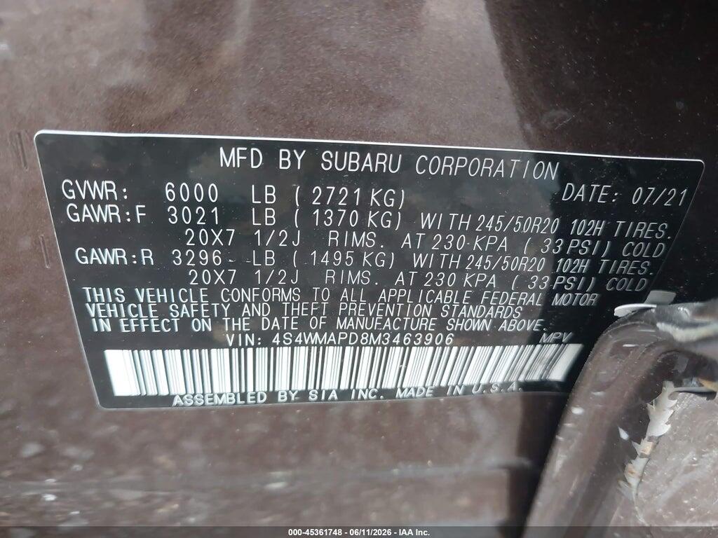 4S4WMAPD8M3463906 2021 SUBARU ASCENT photo no. 9