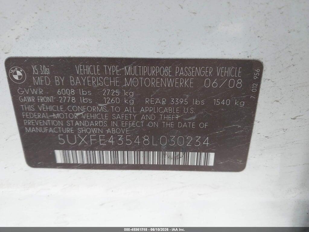 5UXFE43548L030234 2008 BMW X5 photo no. 9